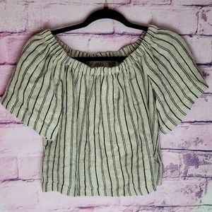 URBAN RENEWAL SAND SABLE STRIPE BURLAP RECYCLED VTG MATERIAL OFF SHOULDER TOP M